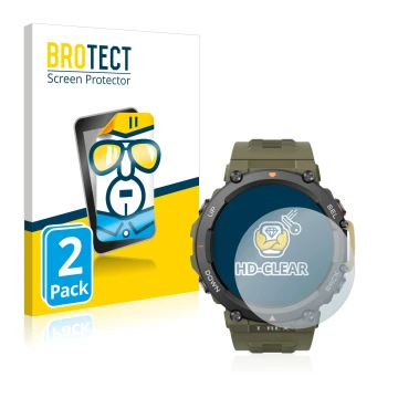 Front side of a product packaging with the brand logo BROTECT. Next to it is the device Huami Amazfit T-Rex 2 shown with the c