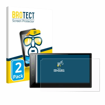 Front side of a product packaging with the brand logo BROTECT. Next to it is the device Pioneer SPH-DA360DAB shown with the co
