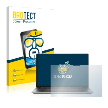 Front side of a product packaging with the brand logo BROTECT. Next to it is the device Dell XPS 15 9510 Touch shown with the 