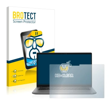 Front side of a product packaging with the brand logo BROTECT. Next to it is the device Dell Latitude 14 7430 2-in-1 shown wit