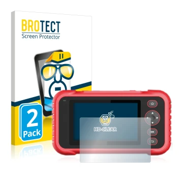 Front side of a product packaging with the brand logo BROTECT. Next to it is the device Launch CRP 123 / 129 EVO shown with th