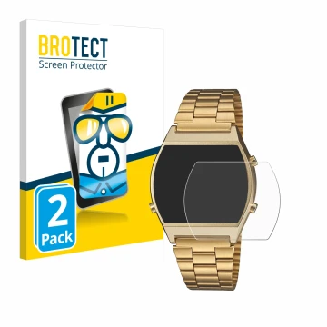 Front side of a product packaging with the brand logo BROTECT. Next to it is the device Casio Retro B640WB shown with the corr