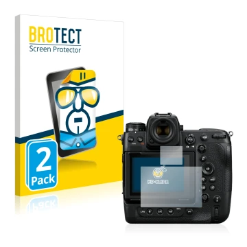 Front side of a product packaging with the brand logo BROTECT. Next to it is the device Nikon Z 9 (Display + top plate display