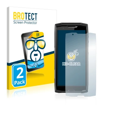 Front side of a product packaging with the brand logo BROTECT. Next to it is the device Crosscall Core-X5 shown with the corre