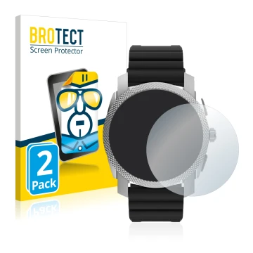 Front side of a product packaging with the brand logo BROTECT. Next to it is the device Fossil Gen 6 Hybrid Machine (45mm) sho