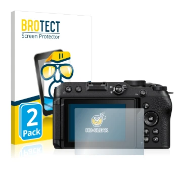 Front side of a product packaging with the brand logo BROTECT. Next to it is the device Nikon Z 30 shown with the correspondin