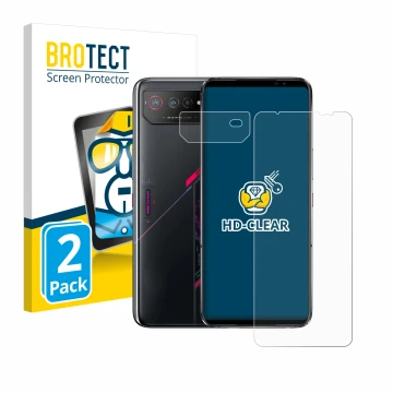 Front side of a product packaging with the brand logo BROTECT. Next to it is the device ASUS ROG Phone 6 (Front+Camera) shown 