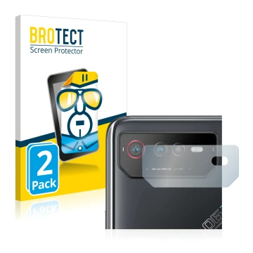 Front side of a product packaging with the brand logo BROTECT. Next to it is the device ASUS ROG Phone 6 (ONLY Camera Lens) sh