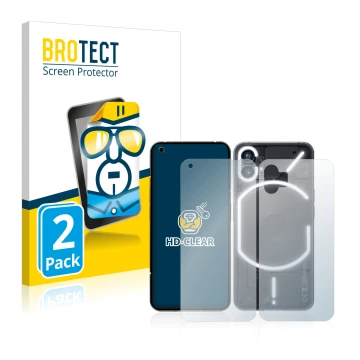 Front side of a product packaging with the brand logo BROTECT. Next to it is the device Nothing Phone (1) (Front+Back) shown w
