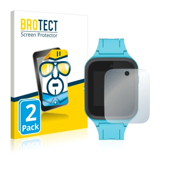 Front side of a product packaging with the brand logo BROTECT. Next to it is the device TCL Movetime Family Watch MT40 shown w