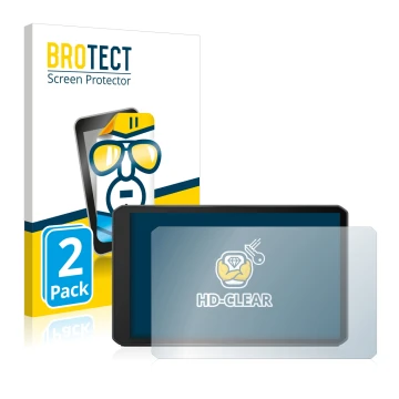 Front side of a product packaging with the brand logo BROTECT. Next to it is the device Garmin dezl LGV710 shown with the corr