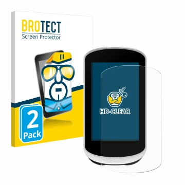 Front side of a product packaging with the brand logo BROTECT. Next to it is the device Garmin Edge Explore 2 shown with the c