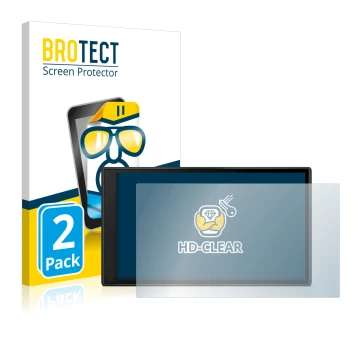 Front side of a product packaging with the brand logo BROTECT. Next to it is the device Garmin DriveSmart 66 shown with the co