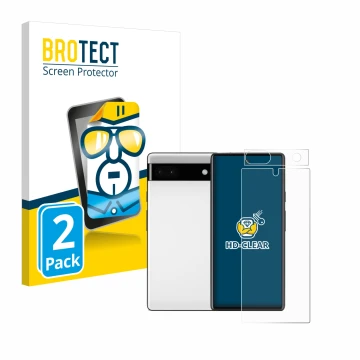 Front side of a product packaging with the brand logo BROTECT. Next to it is the device Google Pixel 6a (Front+Camera) shown w