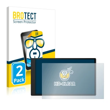 Front side of a product packaging with the brand logo BROTECT. Next to it is the device Garmin DriveSmart 76 shown with the co