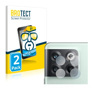 Front side of a product packaging with the brand logo BROTECT. Next to it is the device OnePlus 10T 5G (ONLY Camera Lens) show