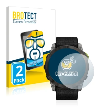 Front side of a product packaging with the brand logo BROTECT. Next to it is the device Garmin Enduro 2 shown with the corresp