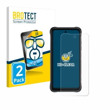 Front side of a product packaging with the brand logo BROTECT. Next to it is the device Umidigi Bison 2 shown with the corresp