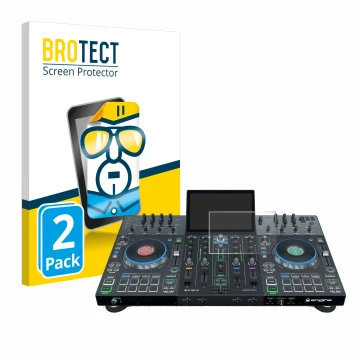 Front side of a product packaging with the brand logo BROTECT. Next to it is the device Denon DJ Prime 4 shown with the corres