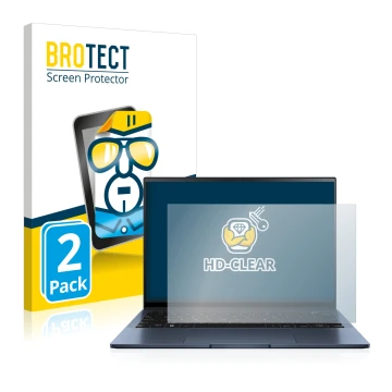 Front side of a product packaging with the brand logo BROTECT. Next to it is the device ASUS ZenBook S13 OLED shown with the c