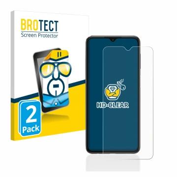 Front side of a product packaging with the brand logo BROTECT. Next to it is the device Samsung Galaxy A23 5G shown with the c
