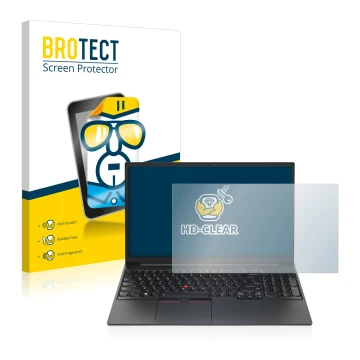 Front side of a product packaging with the brand logo BROTECT. Next to it is the device Lenovo ThinkPad E15 Gen 4 shown with t