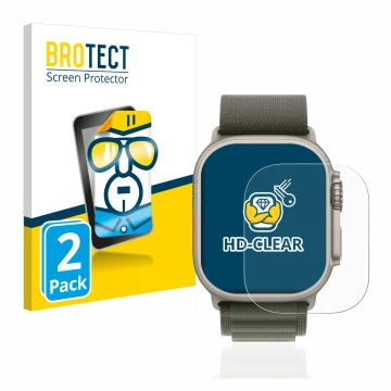 Front side of a product packaging with the brand logo BROTECT. Next to it is the device Apple Watch Ultra (49 mm) shown with t