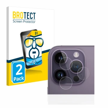 Front side of a product packaging with the brand logo BROTECT. Next to it is the device Apple iPhone 14 Pro (ONLY Camera Lens)