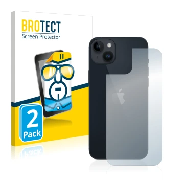 Front side of a product packaging with the brand logo BROTECT. Next to it is the device Apple iPhone 14 Plus (Back) shown with