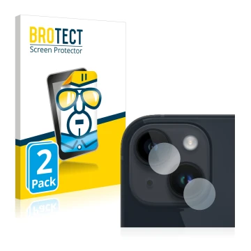 Front side of a product packaging with the brand logo BROTECT. Next to it is the device Apple iPhone 14 Plus (ONLY Camera Lens