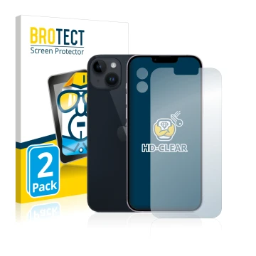 Front side of a product packaging with the brand logo BROTECT. Next to it is the device Apple iPhone 14 Plus (Front+Camera) sh