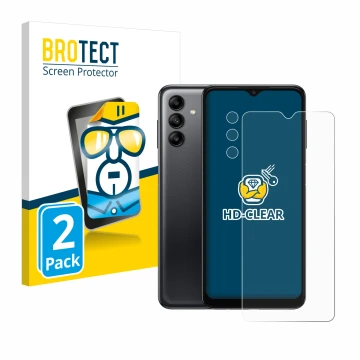 Front side of a product packaging with the brand logo BROTECT. Next to it is the device Samsung Galaxy A04s (Front+Camera) sho