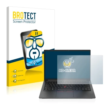 Front side of a product packaging with the brand logo BROTECT. Next to it is the device Lenovo ThinkPad E14 Gen 4 shown with t