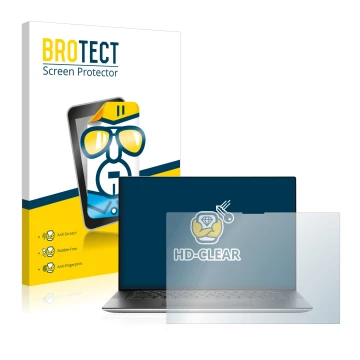 Front side of a product packaging with the brand logo BROTECT. Next to it is the device Dell XPS 15 9520 Touch shown with the 