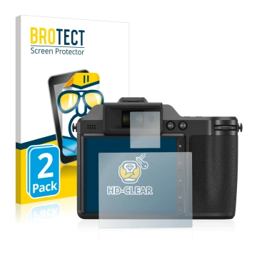 Front side of a product packaging with the brand logo BROTECT. Next to it is the device Fujifilm X-H2 shown with the correspon