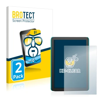 Front side of a product packaging with the brand logo BROTECT. Next to it is the device Amazon Kindle Kids (2022) shown with t