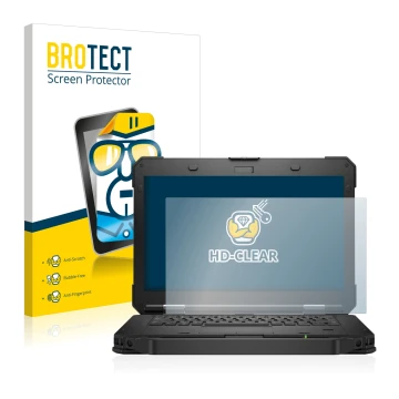 Front side of a product packaging with the brand logo BROTECT. Next to it is the device Dell Latitude 5430 Rugged shown with t