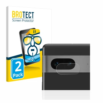 Front side of a product packaging with the brand logo BROTECT. Next to it is the device Google Pixel 7 (ONLY Camera Lens) show