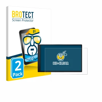 Front side of a product packaging with the brand logo BROTECT. Next to it is the device Garmin DriveSmart 86 shown with the co