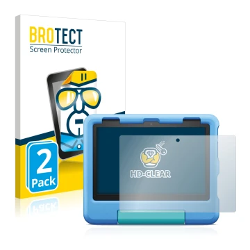 Front side of a product packaging with the brand logo BROTECT. Next to it is the device Amazon Fire HD 8 Kids 2022 shown with 