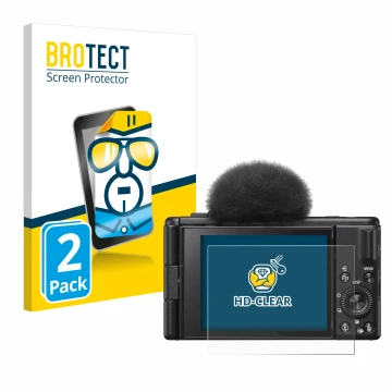 Front side of a product packaging with the brand logo BROTECT. Next to it is the device Sony ZV-1F shown with the correspondin