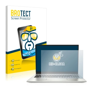 Front side of a product packaging with the brand logo BROTECT. Next to it is the device MSI Prestige 16 shown with the corresp