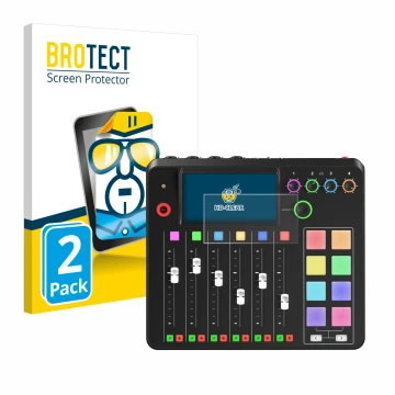 Front side of a product packaging with the brand logo BROTECT. Next to it is the device Rode Rodecaster Pro II shown with the 