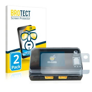 Front side of a product packaging with the brand logo BROTECT. Next to it is the device ToolkitRC M6D Dual Charger shown with 