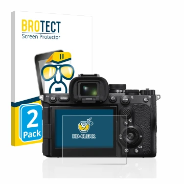 Front side of a product packaging with the brand logo BROTECT. Next to it is the device Sony Alpha 7R V / a7R V shown with the
