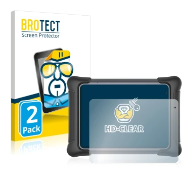 Front side of a product packaging with the brand logo BROTECT. Next to it is the device Autel MaxiSys Elite II shown with the 