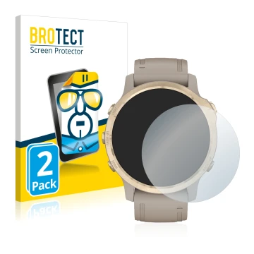 Front side of a product packaging with the brand logo BROTECT. Next to it is the device Garmin Fenix 6S Pro Solar shown with t