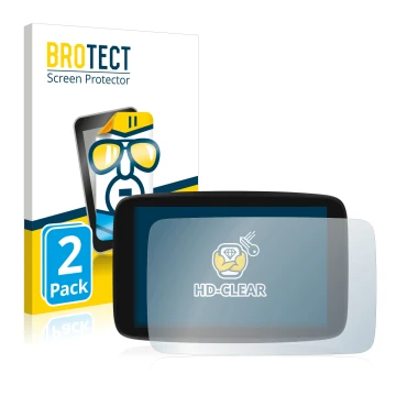 Front side of a product packaging with the brand logo BROTECT. Next to it is the device TomTom GO Exclusive shown with the cor