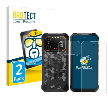 Front side of a product packaging with the brand logo BROTECT. Next to it is the device iiiF150 B1 Pro (Front+Camera) shown wi