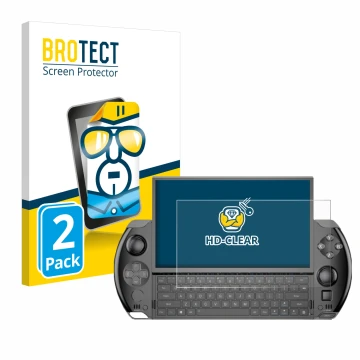 Front side of a product packaging with the brand logo BROTECT. Next to it is the device GPD Win 4 shown with the corresponding